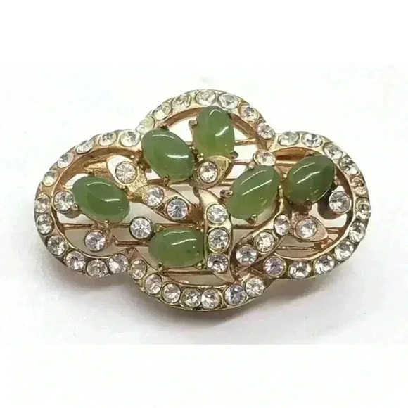 Vintage Brooch Jade 10k Gold Filled Rhinestone Accents art deco Flower Leaves - Picture 2 of 13